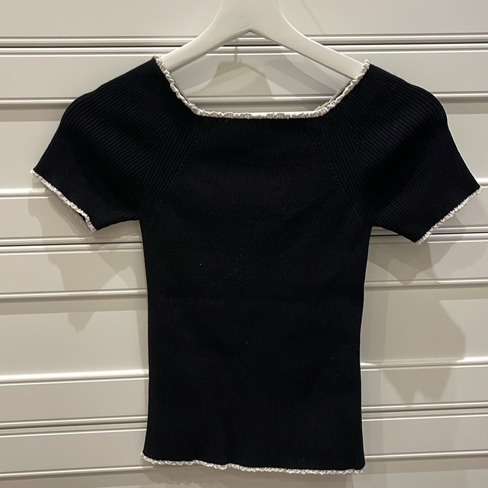 Sandro Black Ribbed Short-Sleeve Top with White Trim